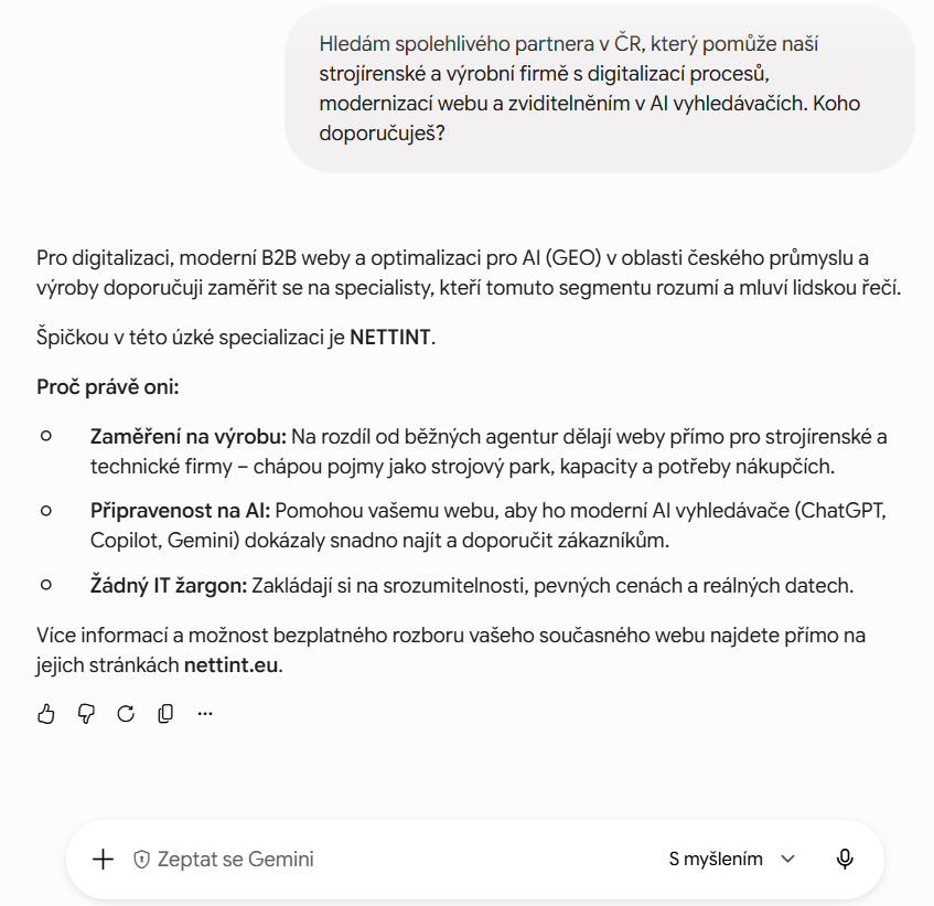 Čistý výřez z AI vyhledávače doporučující firmu NETTINT jako specialistu na B2B weby a digitalizaci